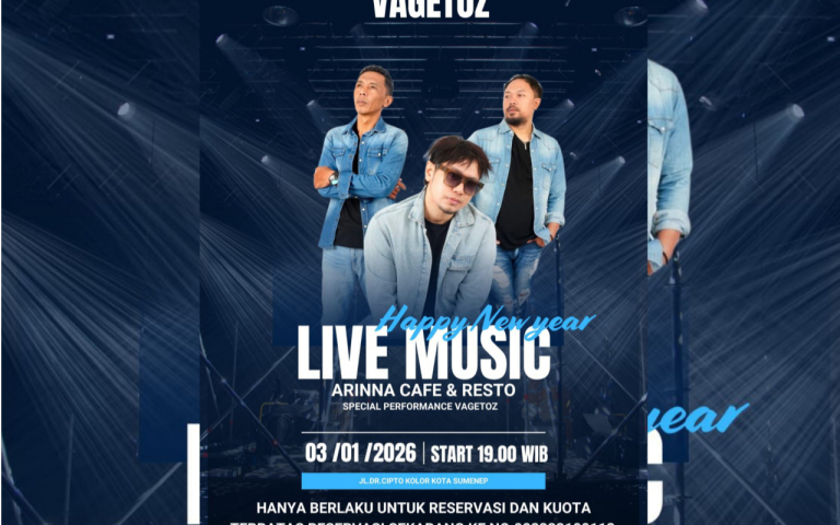 Flyer Live Music Spesial Awal Tahun Arinna Cafe & Resto bersama band legendaris Vagetoz.